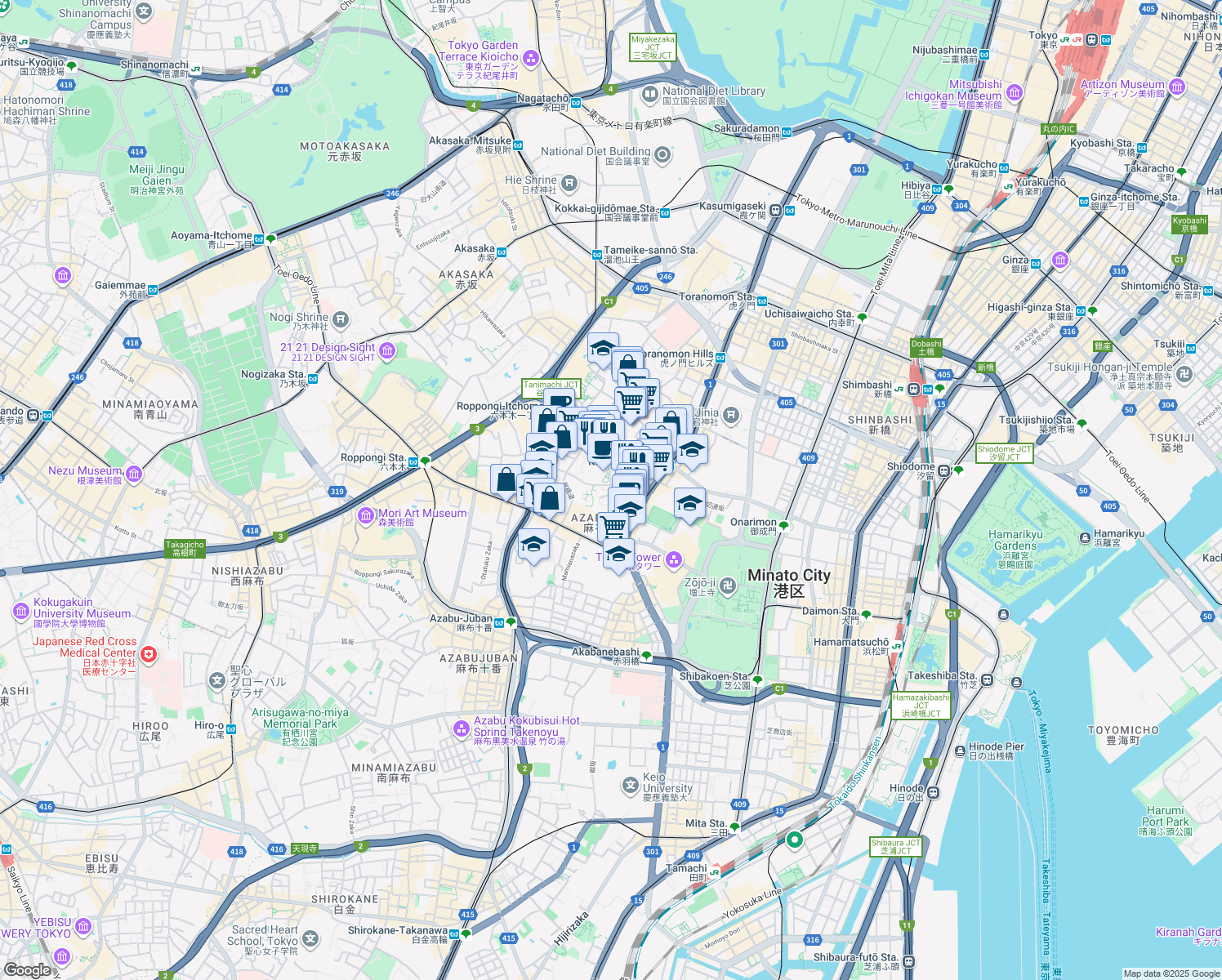 map of restaurants, bars, coffee shops, grocery stores, and more near in Minato City