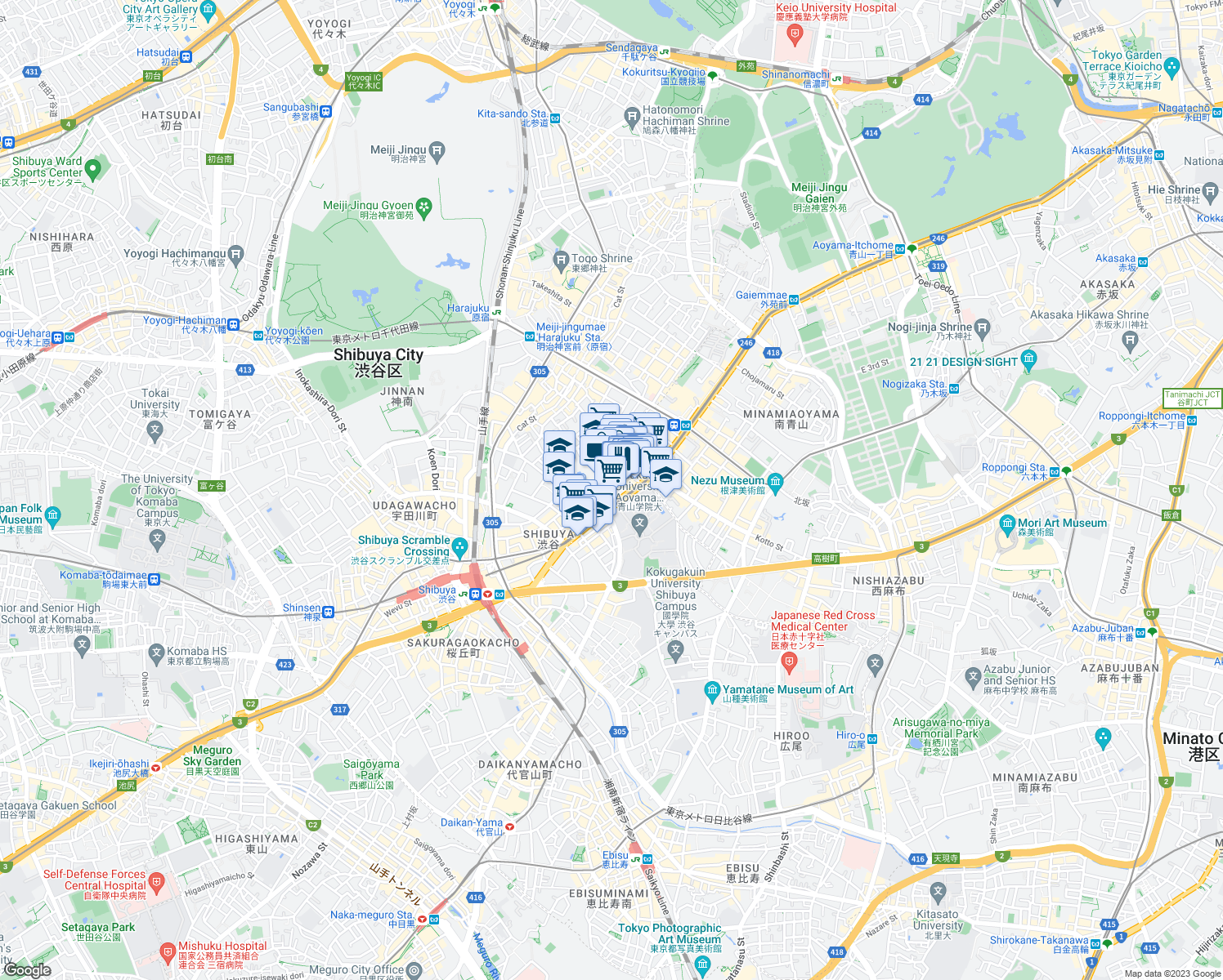 map of restaurants, bars, coffee shops, grocery stores, and more near in Shibuya City