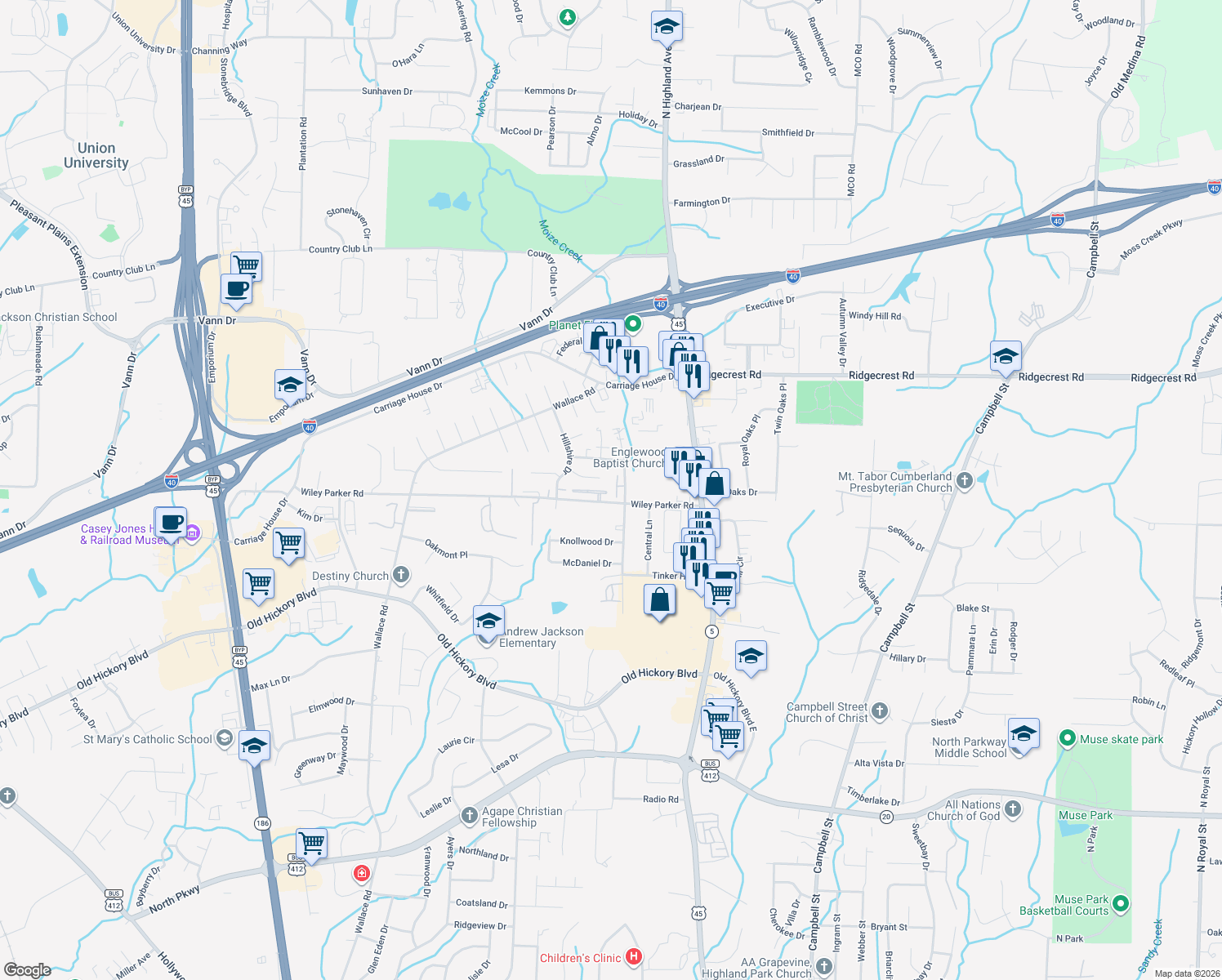 map of restaurants, bars, coffee shops, grocery stores, and more near 16 Hedgerow Pl in Jackson