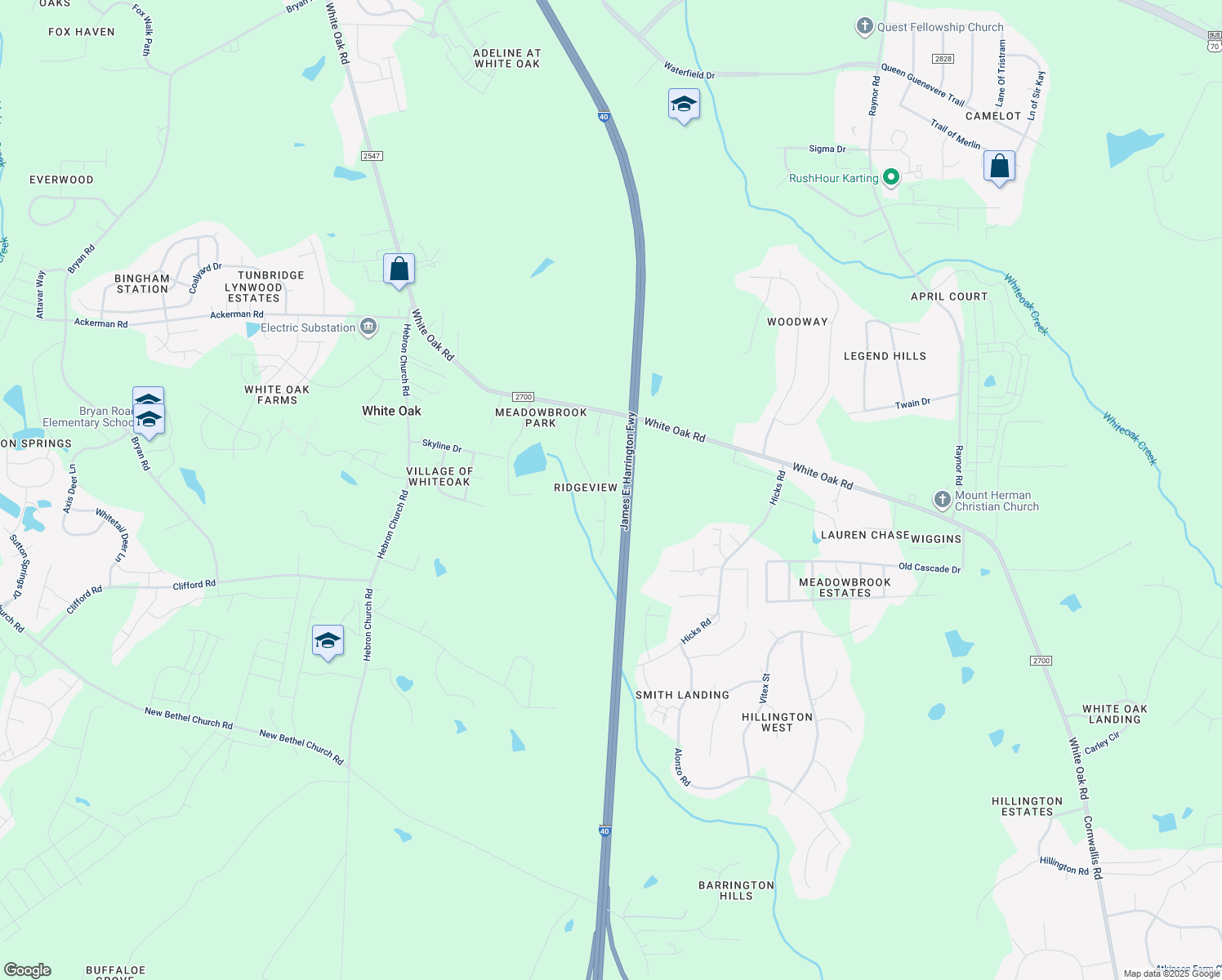 map of restaurants, bars, coffee shops, grocery stores, and more near 4139 Battle Field Dr in Garner