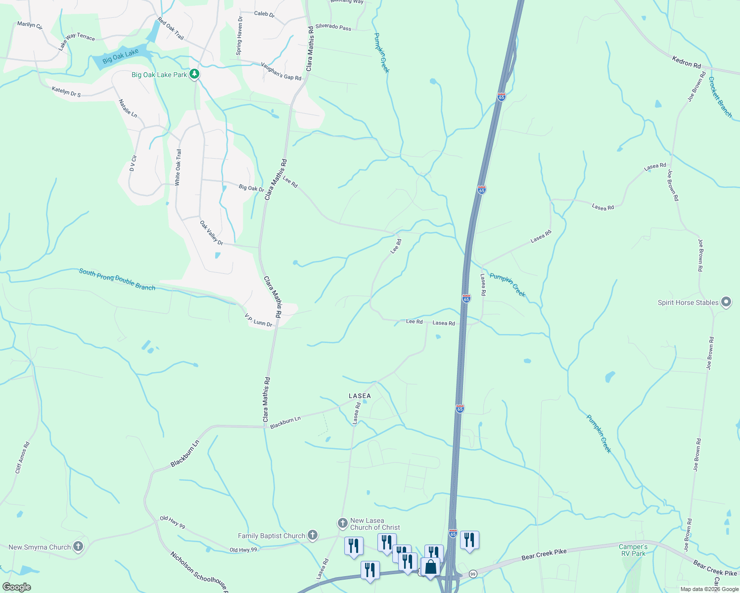 map of restaurants, bars, coffee shops, grocery stores, and more near 2308 Lee Road in Spring Hill
