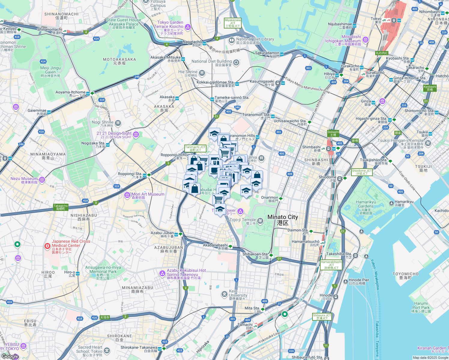 map of restaurants, bars, coffee shops, grocery stores, and more near in Minato City