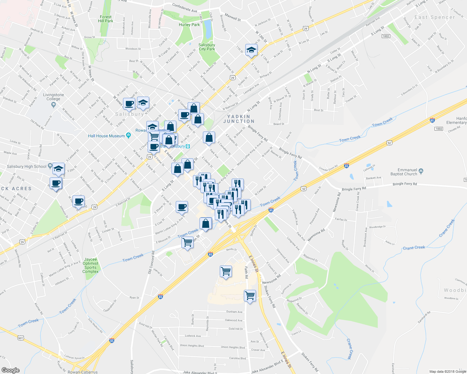 map of restaurants, bars, coffee shops, grocery stores, and more near 800 East Liberty Street in Salisbury