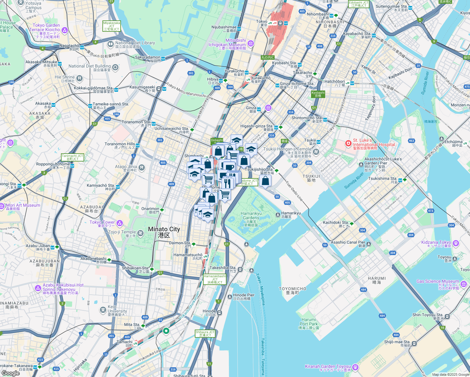 map of restaurants, bars, coffee shops, grocery stores, and more near in Minato City