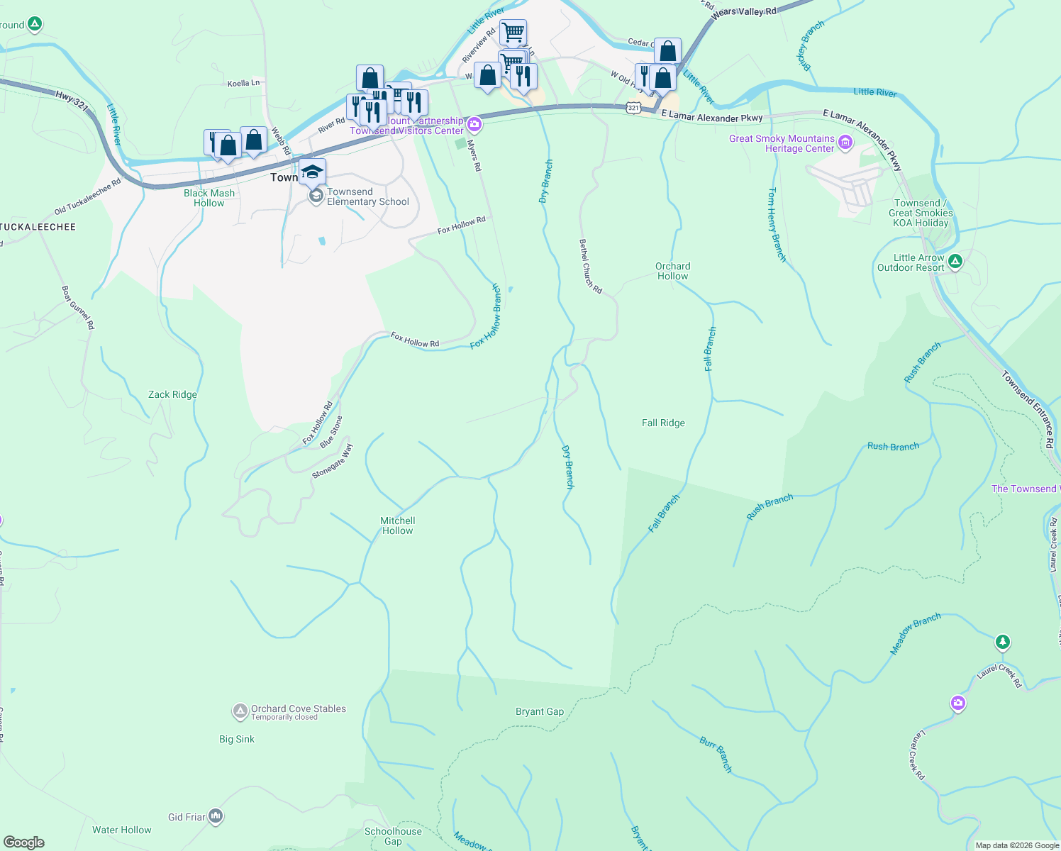 map of restaurants, bars, coffee shops, grocery stores, and more near 584 Bethel Church Road in Townsend