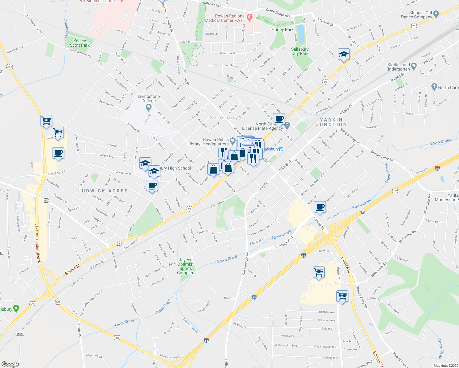 map of restaurants, bars, coffee shops, grocery stores, and more near 124 East Monroe Street in Salisbury