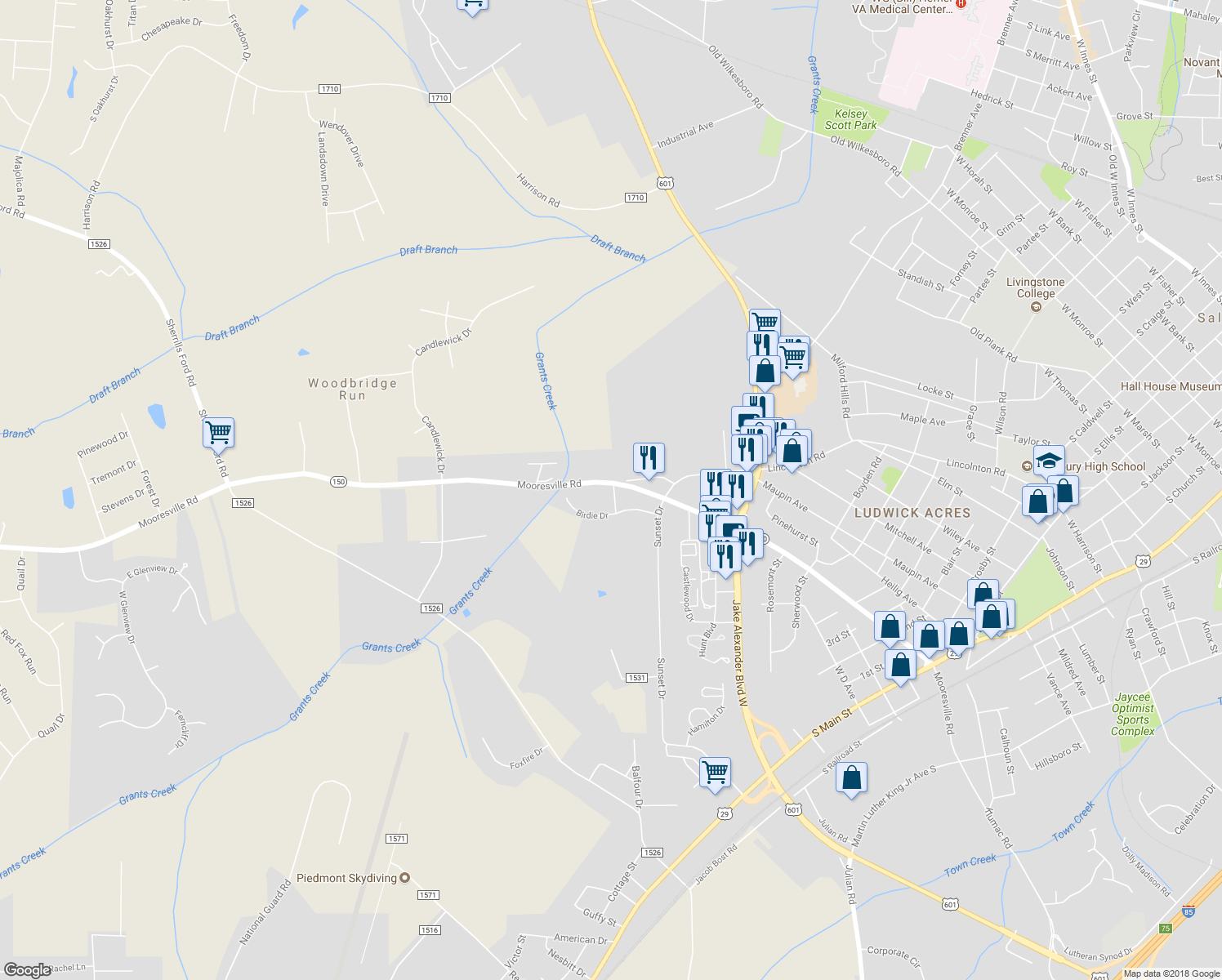 map of restaurants, bars, coffee shops, grocery stores, and more near 1601 Mooresville Road in Salisbury