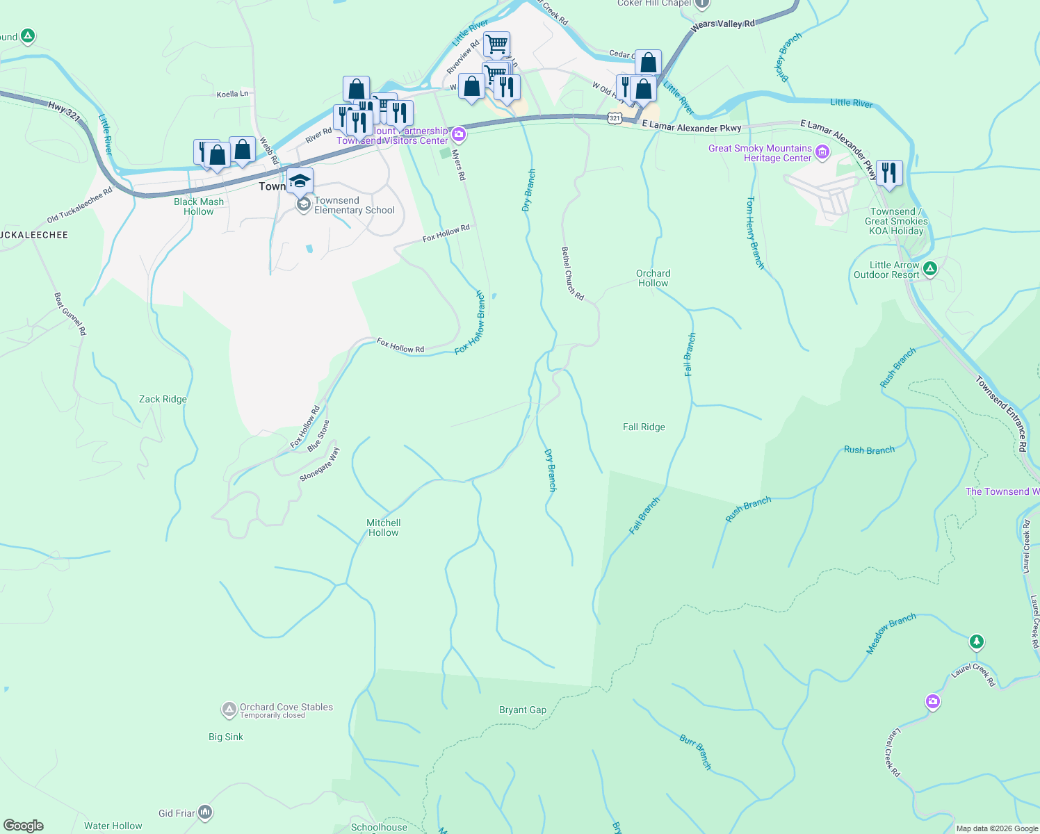 map of restaurants, bars, coffee shops, grocery stores, and more near 584 Bethel Church Road in Townsend