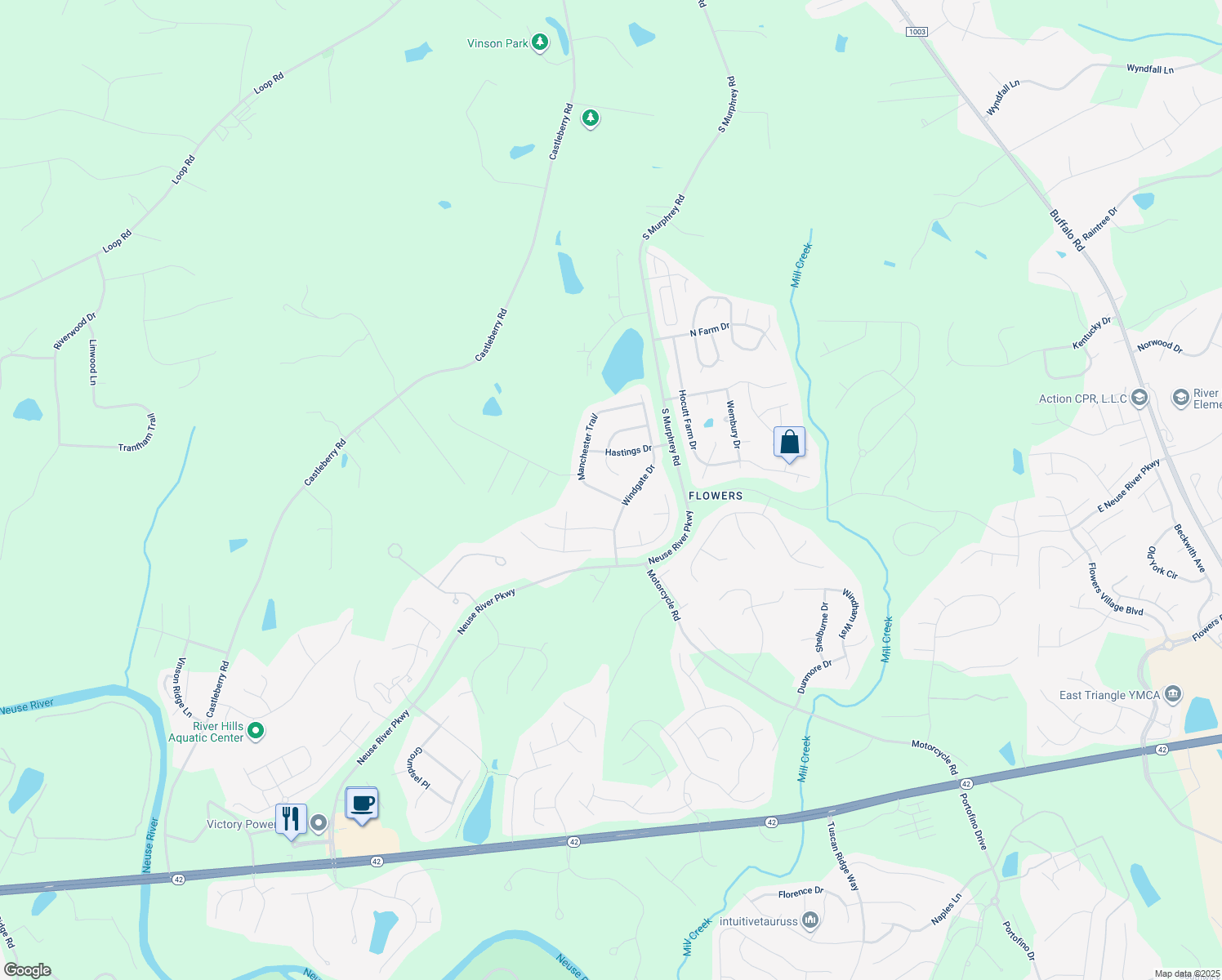 map of restaurants, bars, coffee shops, grocery stores, and more near 54 Manchester Trail in Clayton