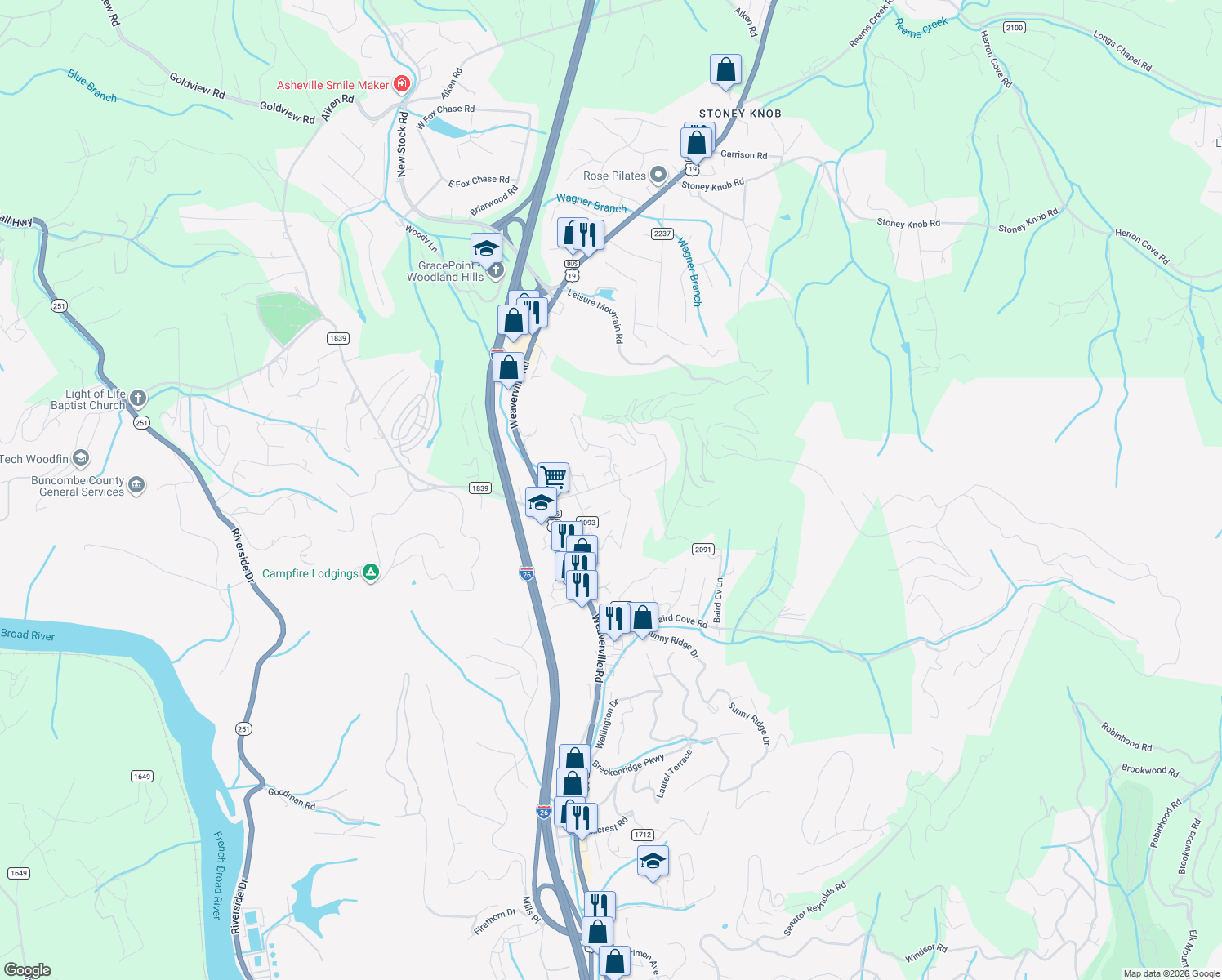 map of restaurants, bars, coffee shops, grocery stores, and more near 217 Old Home Rd in Asheville
