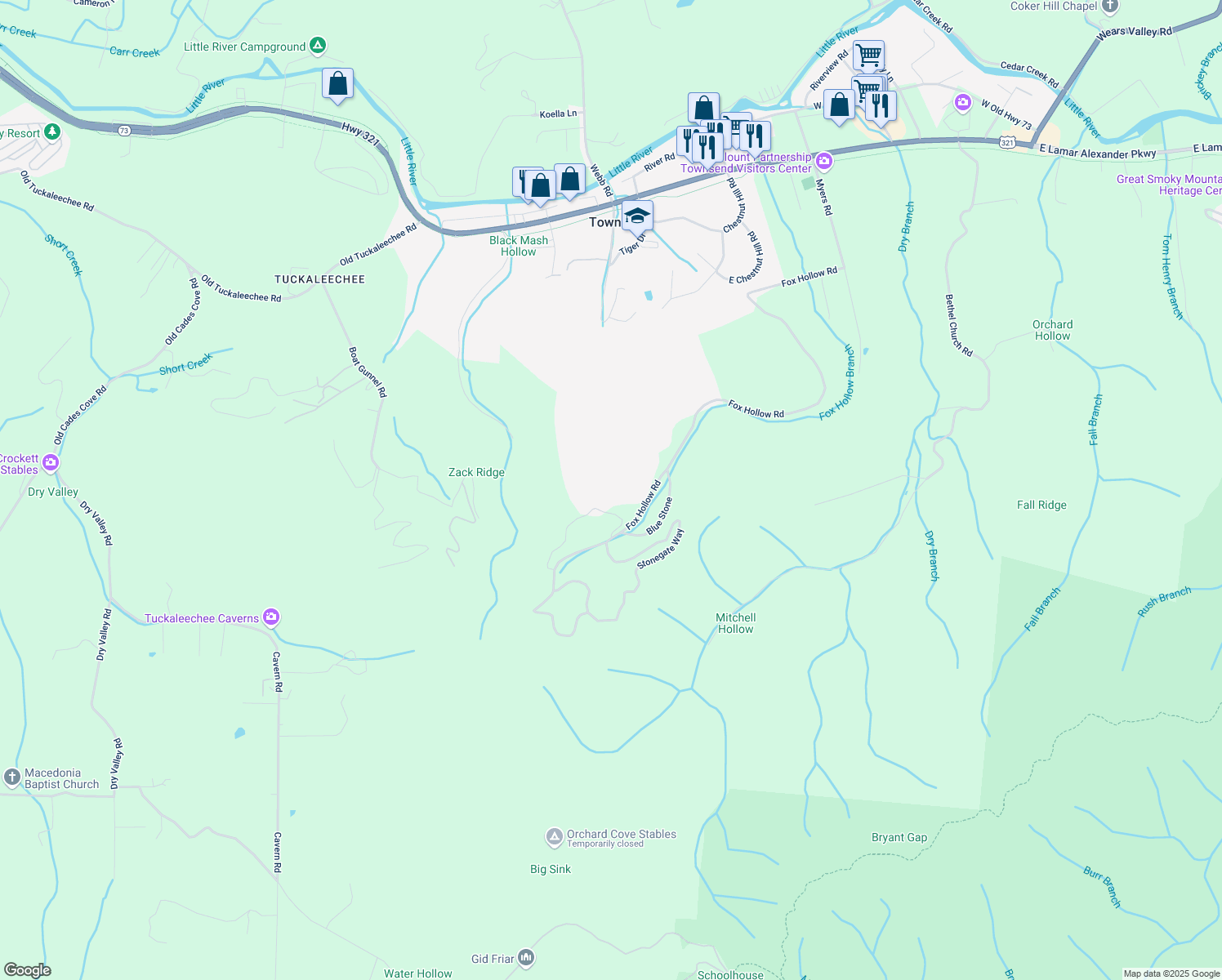 map of restaurants, bars, coffee shops, grocery stores, and more near 378 Fox Hollow Road in Townsend