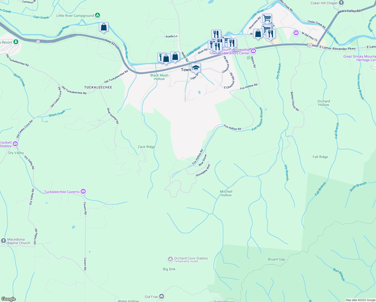 map of restaurants, bars, coffee shops, grocery stores, and more near 378 Fox Hollow Road in Townsend
