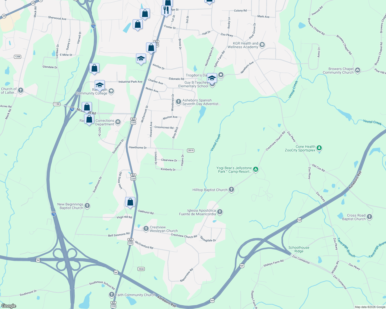 map of restaurants, bars, coffee shops, grocery stores, and more near 545 Clearview Drive in Asheboro