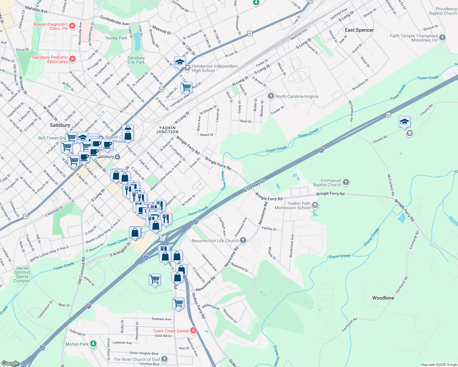 map of restaurants, bars, coffee shops, grocery stores, and more near 130 Floral Avenue in Salisbury
