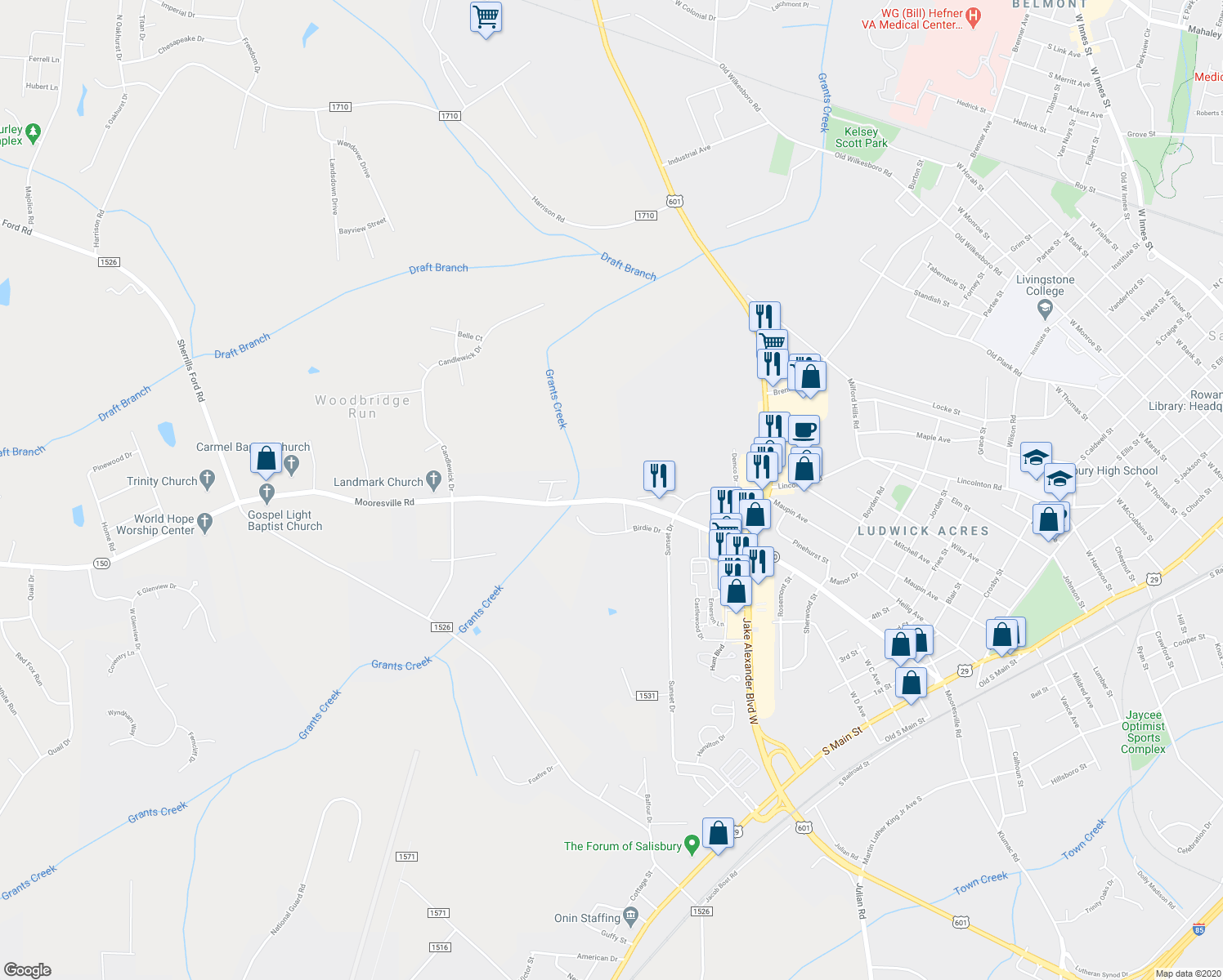 map of restaurants, bars, coffee shops, grocery stores, and more near 1612 Mooresville Road in Salisbury