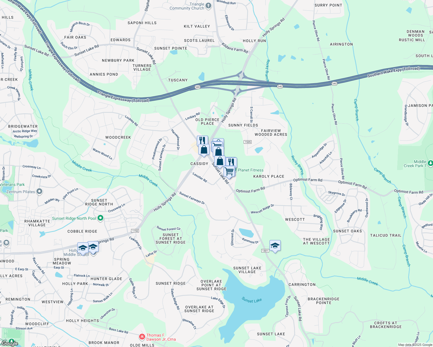 map of restaurants, bars, coffee shops, grocery stores, and more near 5256 Sunset Lake Road in Holly Springs