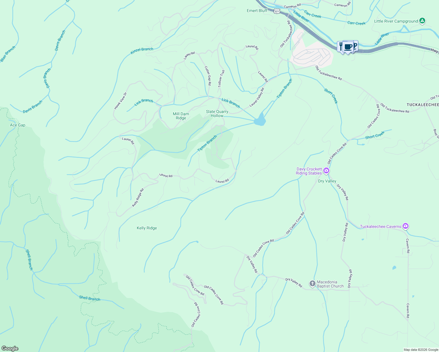 map of restaurants, bars, coffee shops, grocery stores, and more near 194 Cold Springs Trce in Townsend