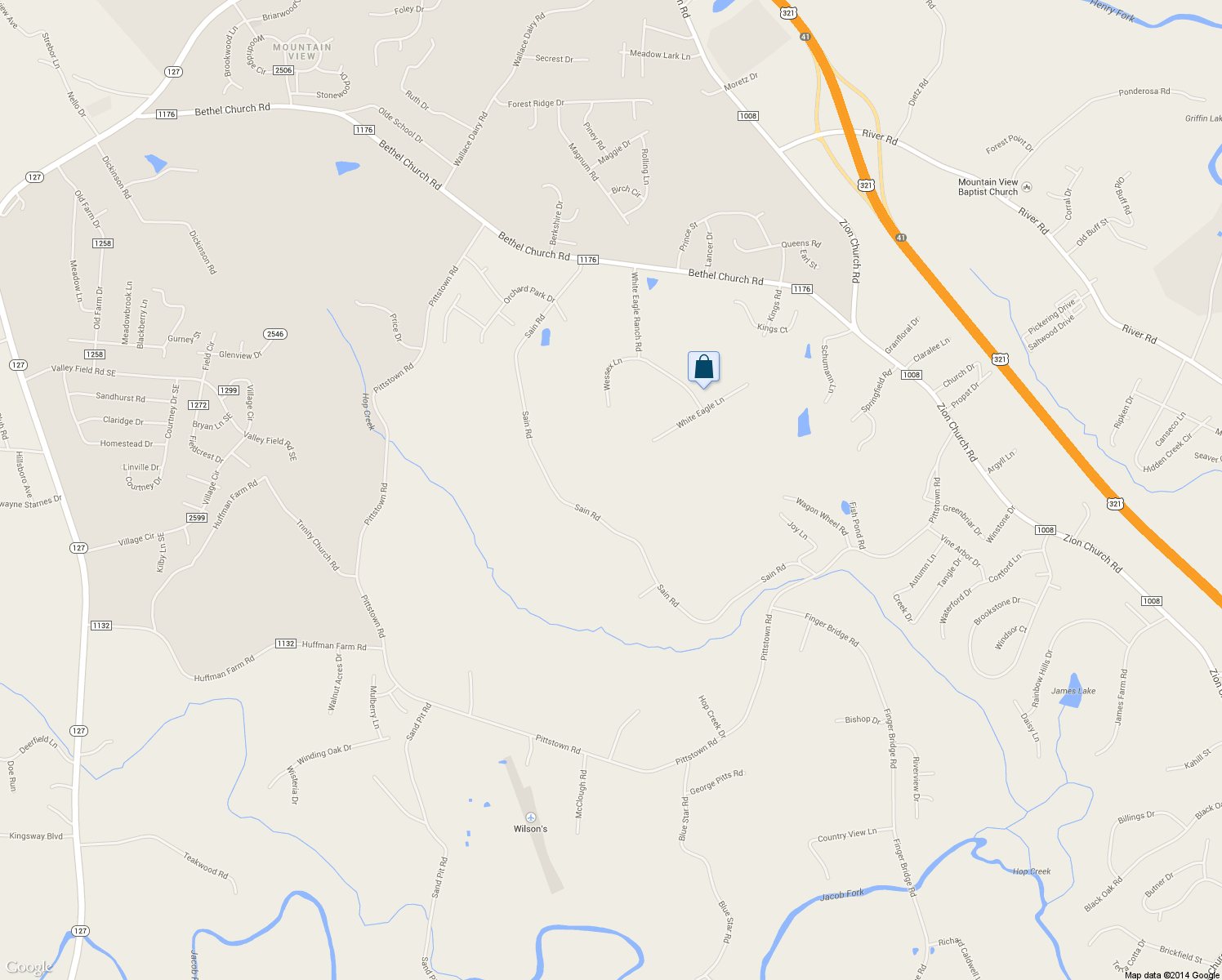 map of restaurants, bars, coffee shops, grocery stores, and more near 1400 Sain Road in Hickory