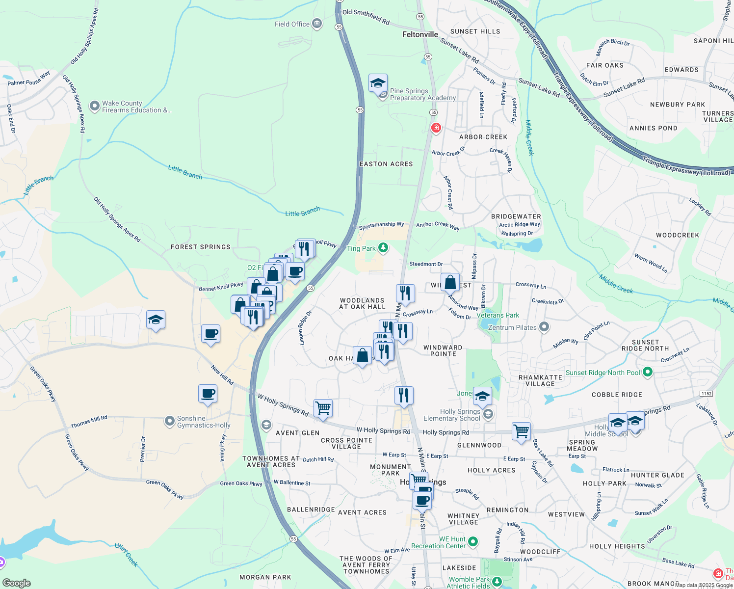 map of restaurants, bars, coffee shops, grocery stores, and more near 728 Bonhurst Drive in Holly Springs