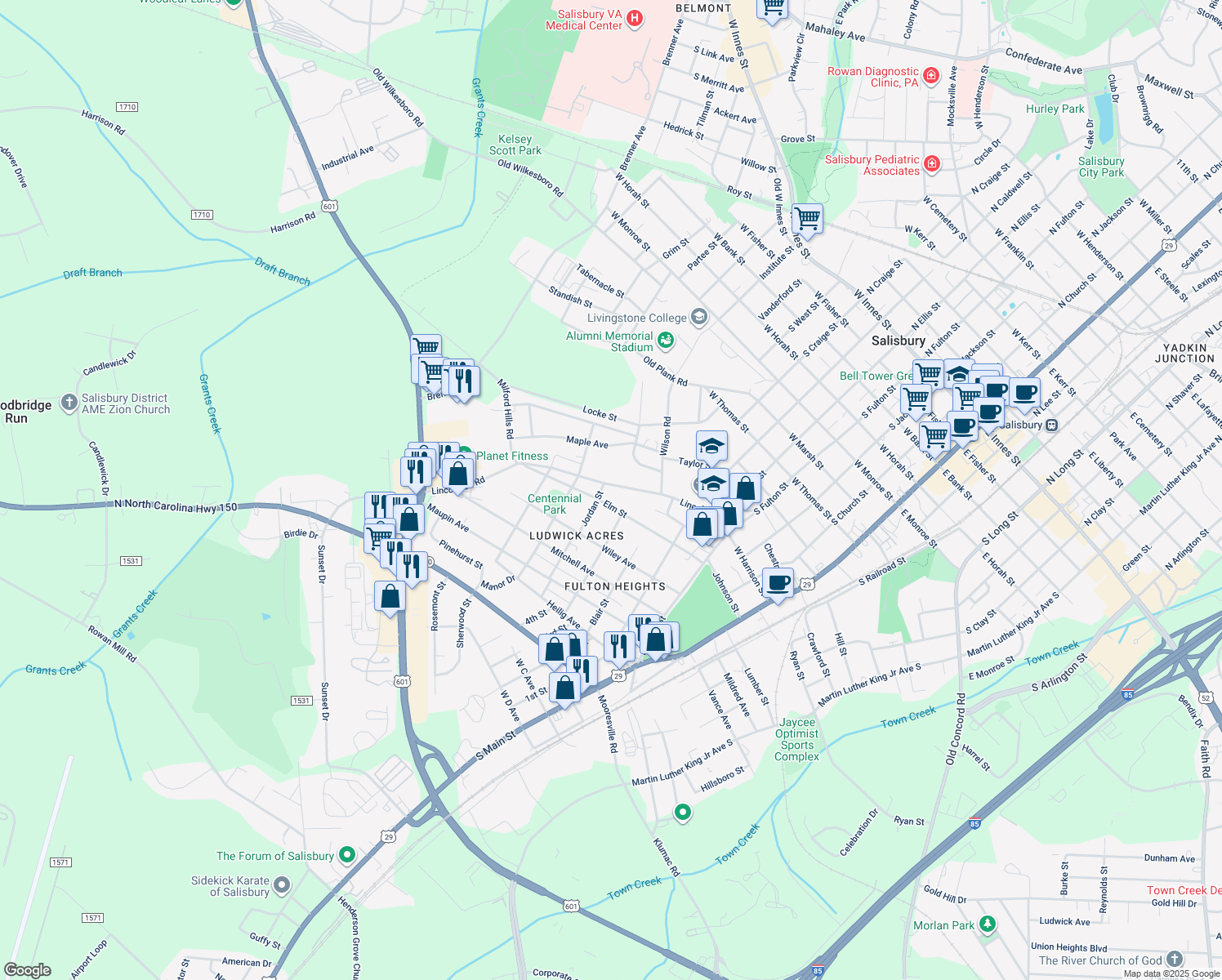 map of restaurants, bars, coffee shops, grocery stores, and more near 817 Lincolnton Road in Salisbury