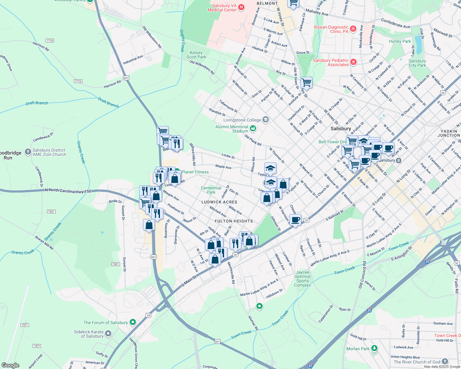 map of restaurants, bars, coffee shops, grocery stores, and more near 819 Lincolnton Road in Salisbury