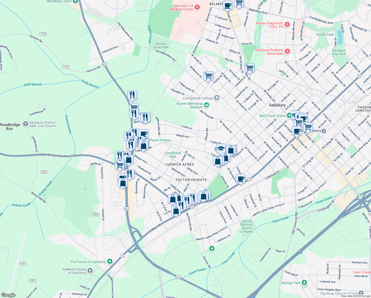 map of restaurants, bars, coffee shops, grocery stores, and more near 823 Lincolnton Road in Salisbury