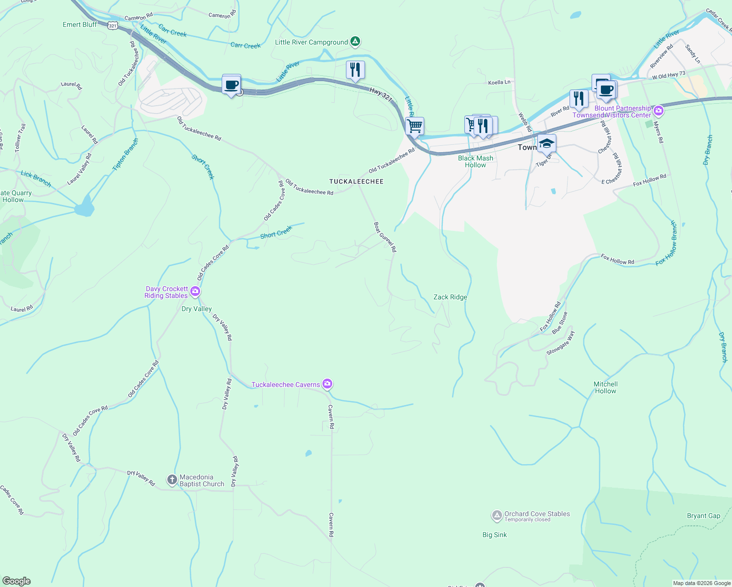 map of restaurants, bars, coffee shops, grocery stores, and more near 134 Timberwinds Way in Townsend