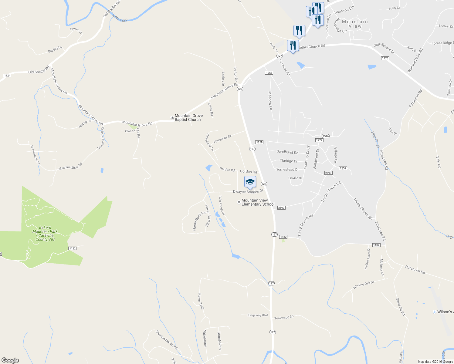 map of restaurants, bars, coffee shops, grocery stores, and more near 5785 Bakers Point in Hickory