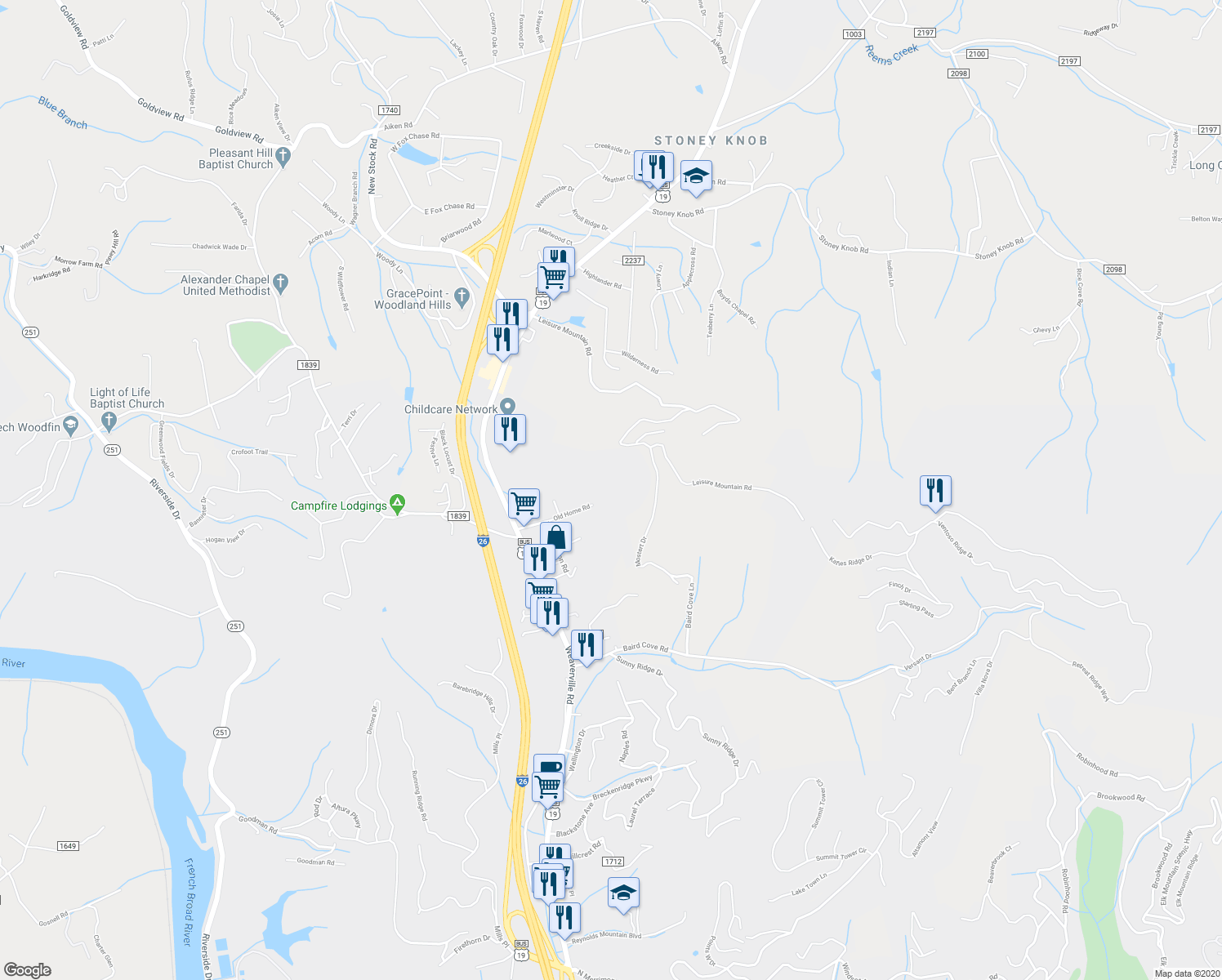 map of restaurants, bars, coffee shops, grocery stores, and more near 224 Old Home Road in Asheville