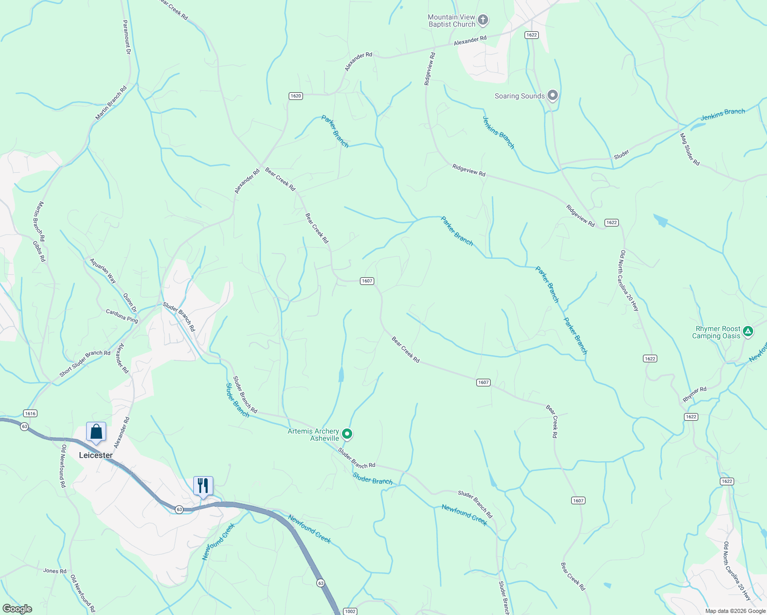 map of restaurants, bars, coffee shops, grocery stores, and more near 1561 Bear Creek Road in Leicester