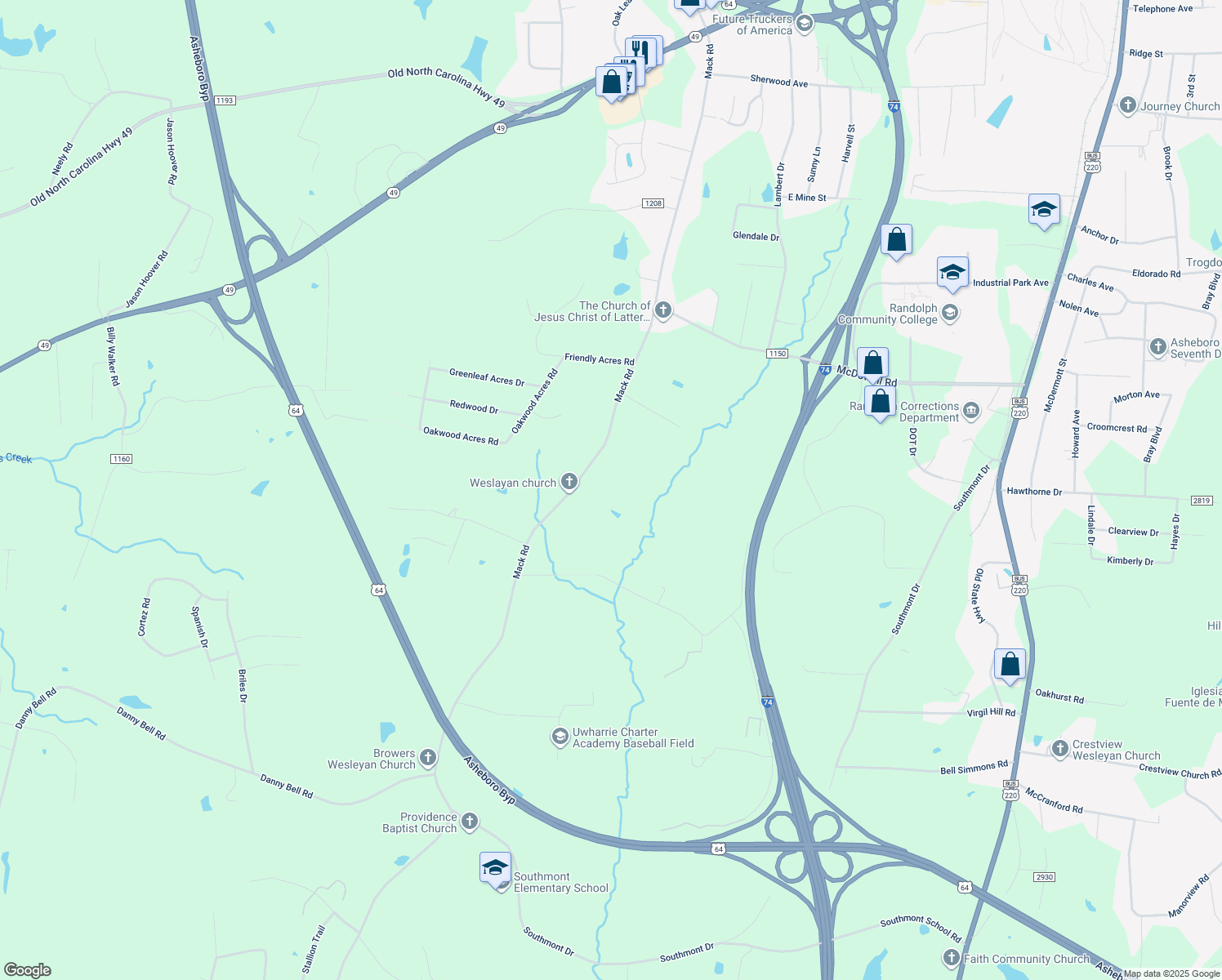 map of restaurants, bars, coffee shops, grocery stores, and more near 1135 Mack Rd in Asheboro