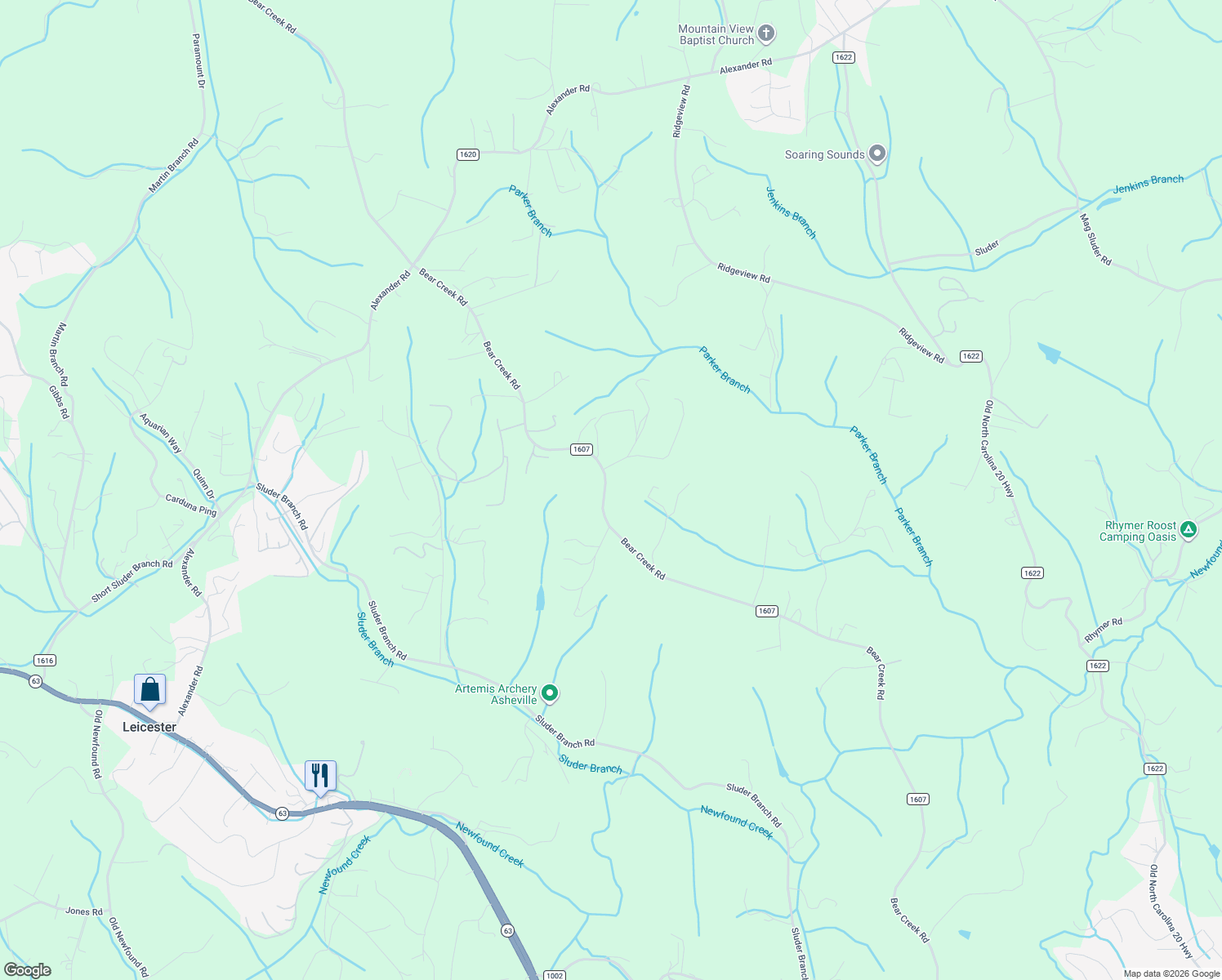 map of restaurants, bars, coffee shops, grocery stores, and more near 1561 Bear Creek Road in Leicester