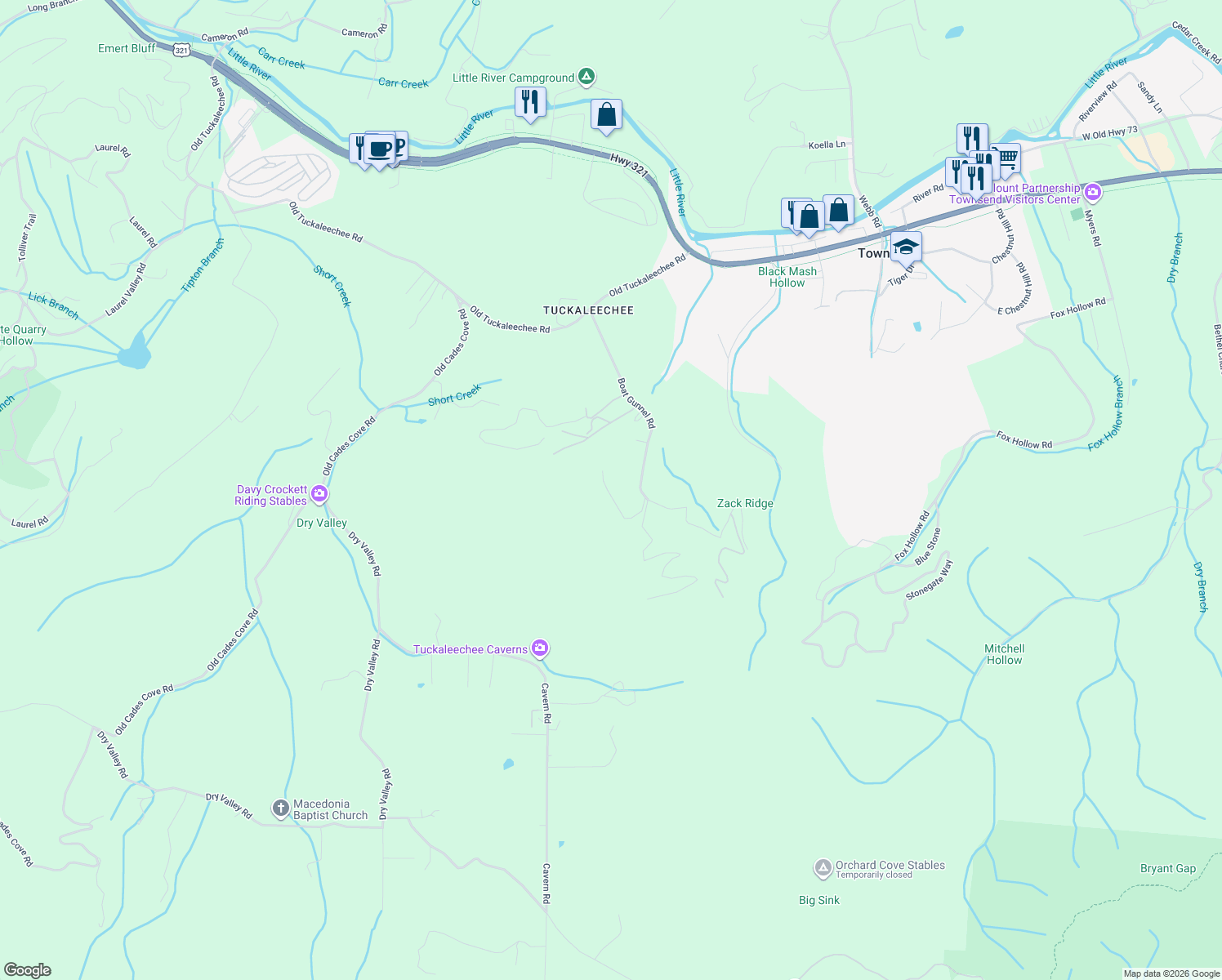 map of restaurants, bars, coffee shops, grocery stores, and more near 134 Timberwinds Way in Townsend