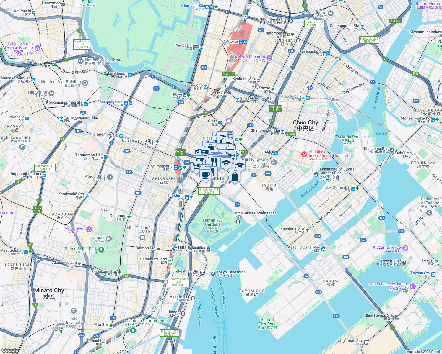 map of restaurants, bars, coffee shops, grocery stores, and more near in Chuo City