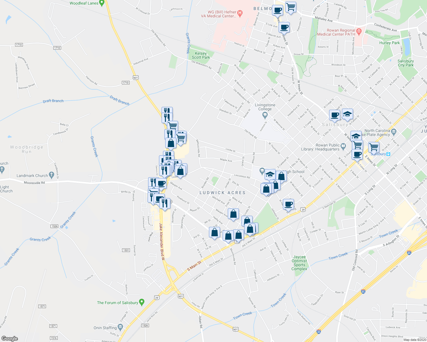 map of restaurants, bars, coffee shops, grocery stores, and more near 927 Lincolnton Road in Salisbury
