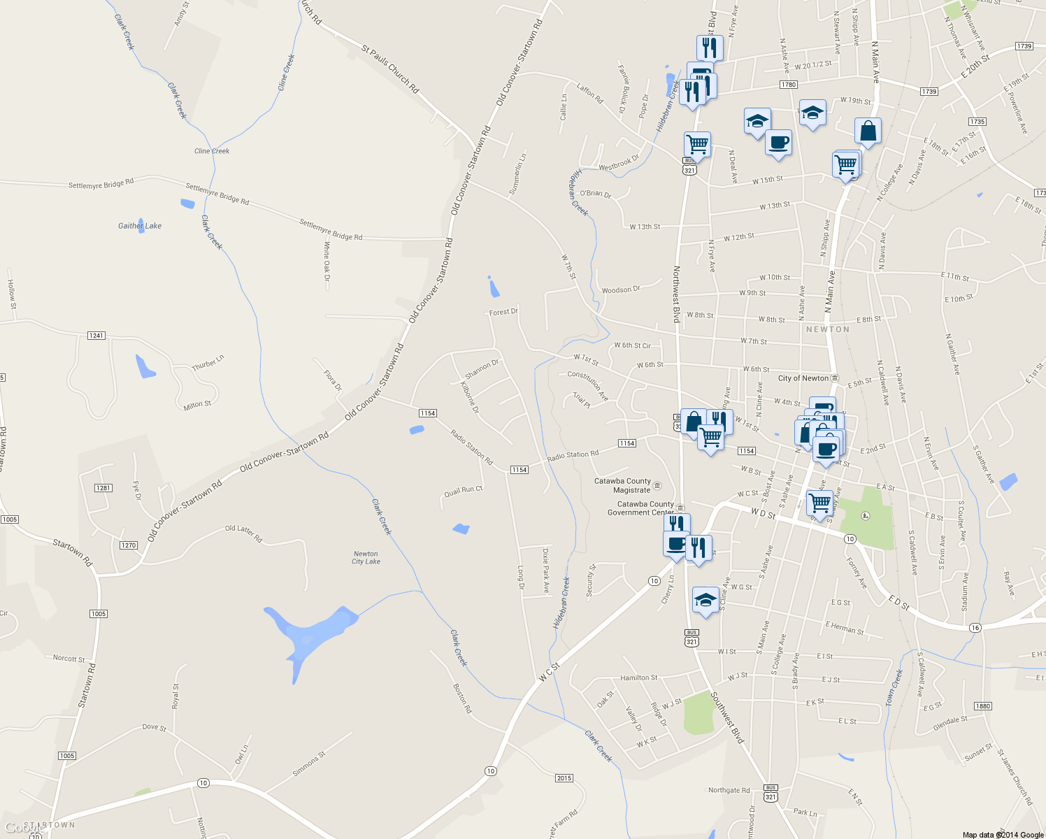 map of restaurants, bars, coffee shops, grocery stores, and more near 134 Shannonbrook Dr in Newton