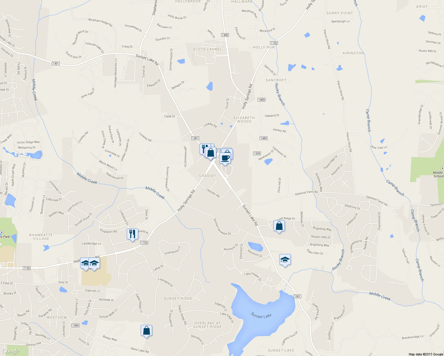 map of restaurants, bars, coffee shops, grocery stores, and more near 5232 Sunset Lake Road in Holly Springs