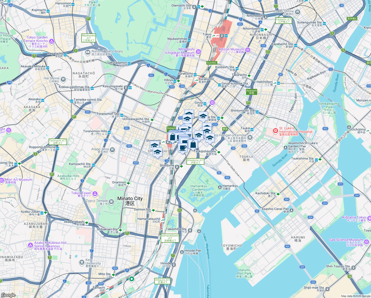 map of restaurants, bars, coffee shops, grocery stores, and more near in Minato City