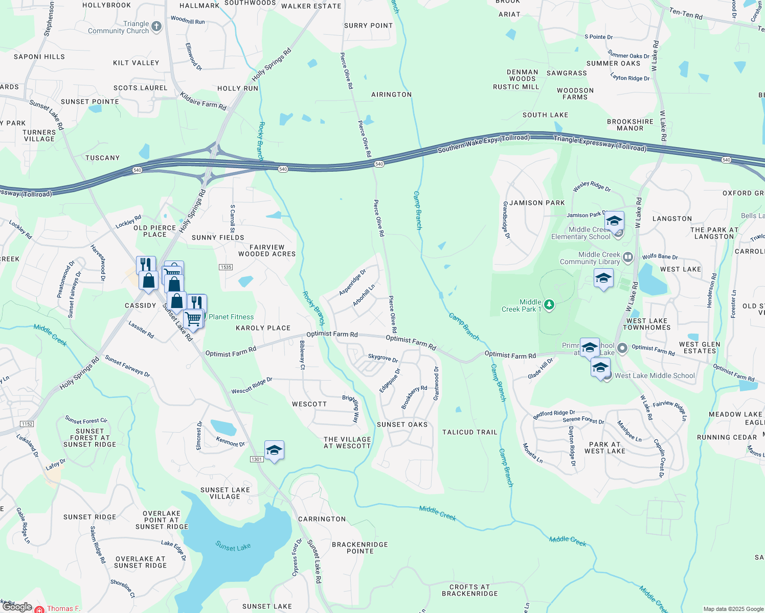 map of restaurants, bars, coffee shops, grocery stores, and more near 212 Cross Oaks Place in Holly Springs