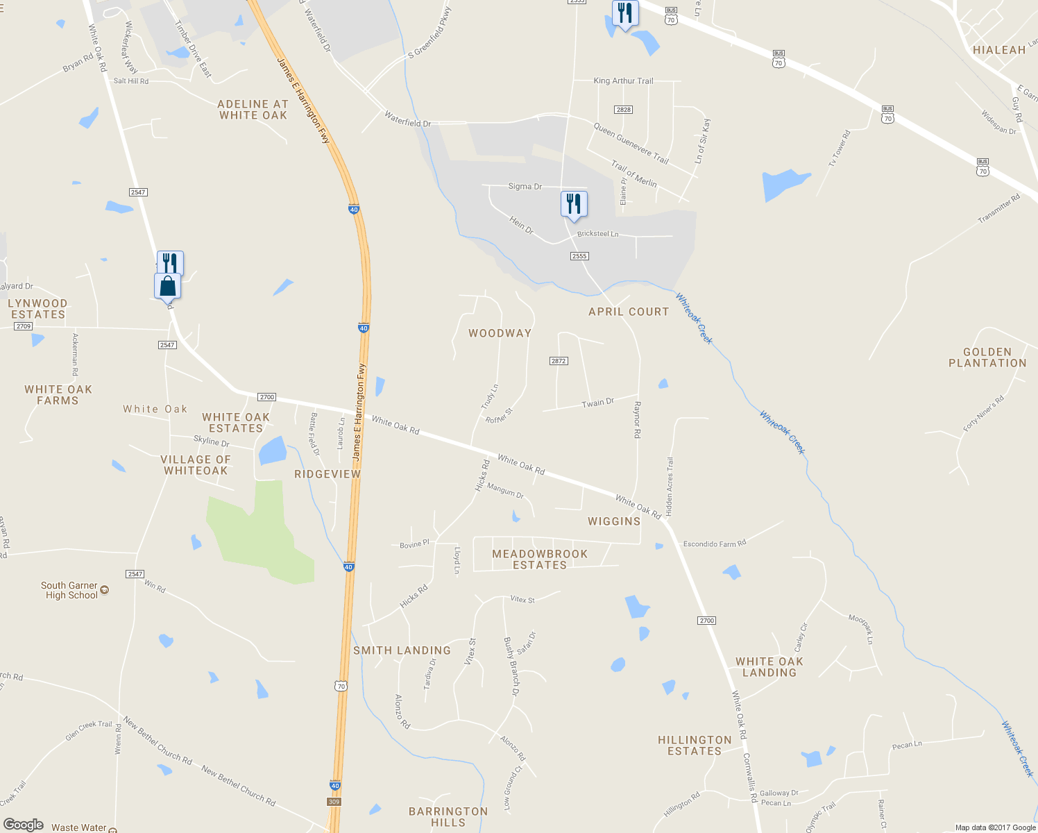 map of restaurants, bars, coffee shops, grocery stores, and more near 1309 Roffler Street in Garner