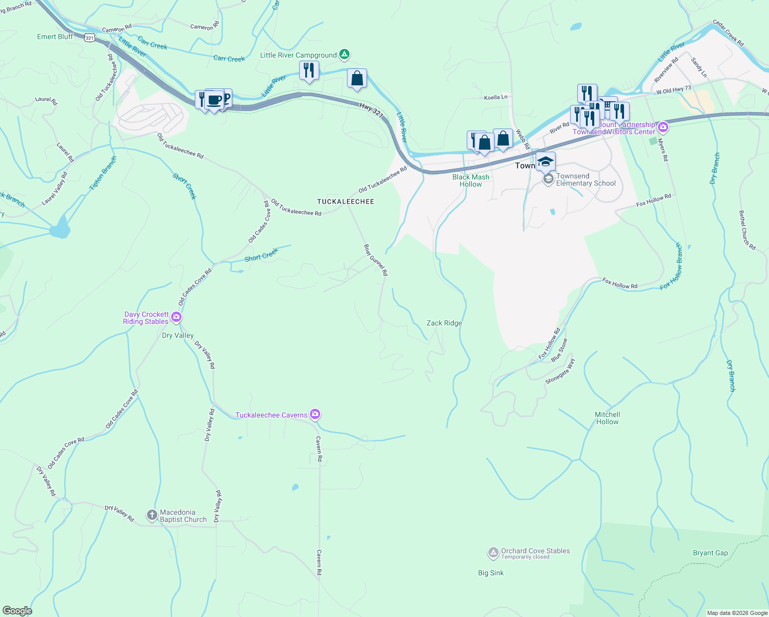 map of restaurants, bars, coffee shops, grocery stores, and more near 353 Boat Gunnel Road in Townsend
