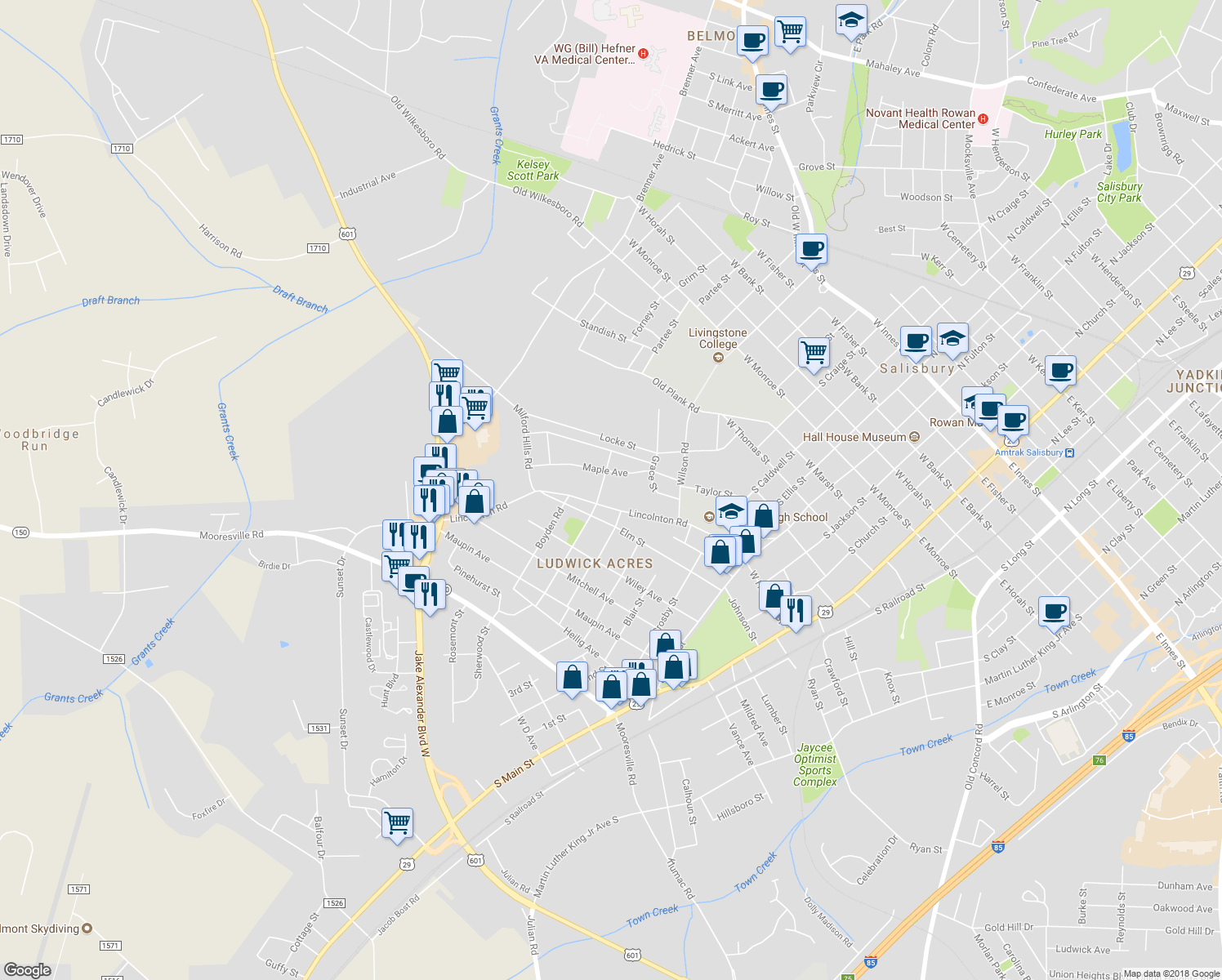 map of restaurants, bars, coffee shops, grocery stores, and more near 122 Eaman Avenue in Salisbury