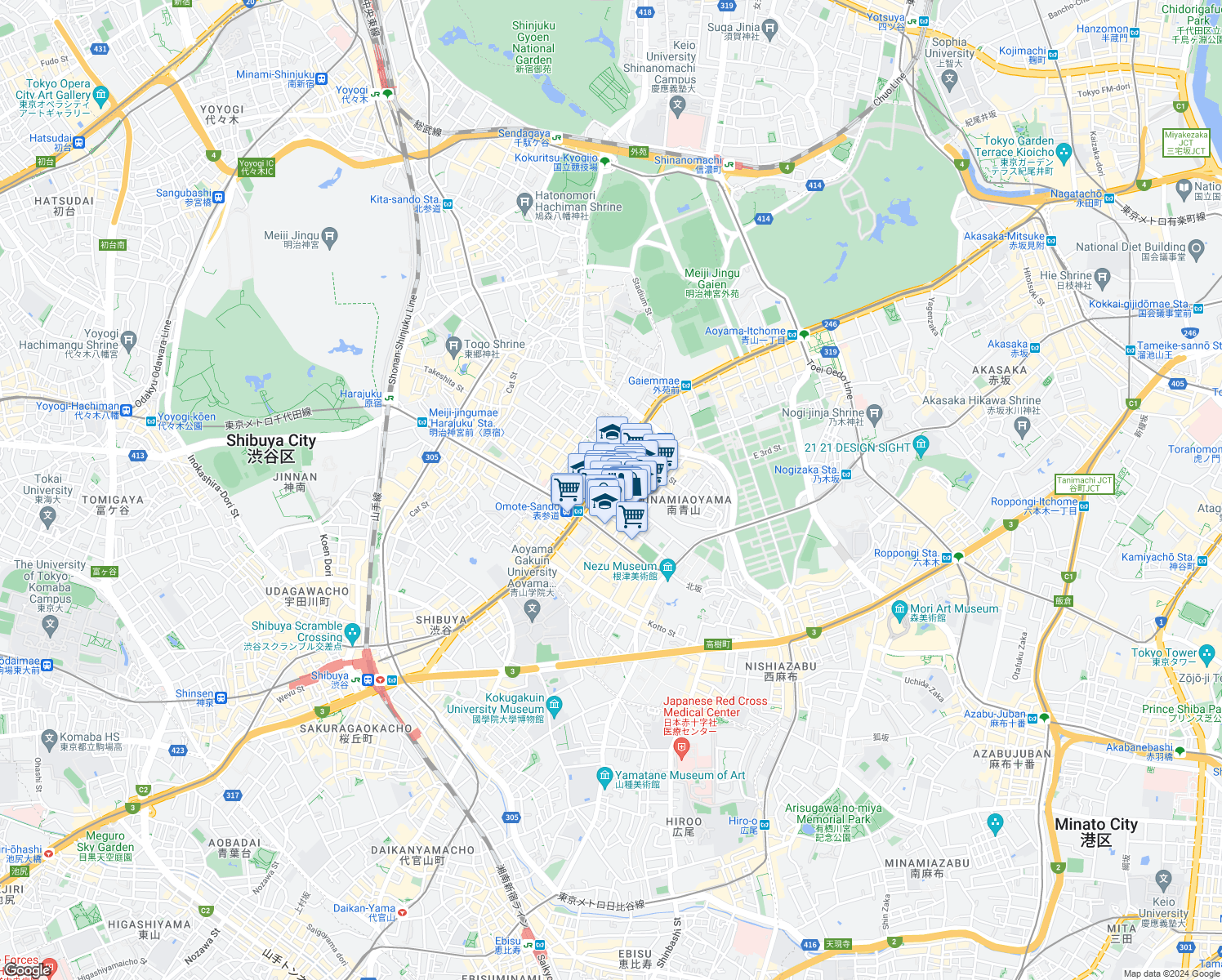 map of restaurants, bars, coffee shops, grocery stores, and more near in Minato City