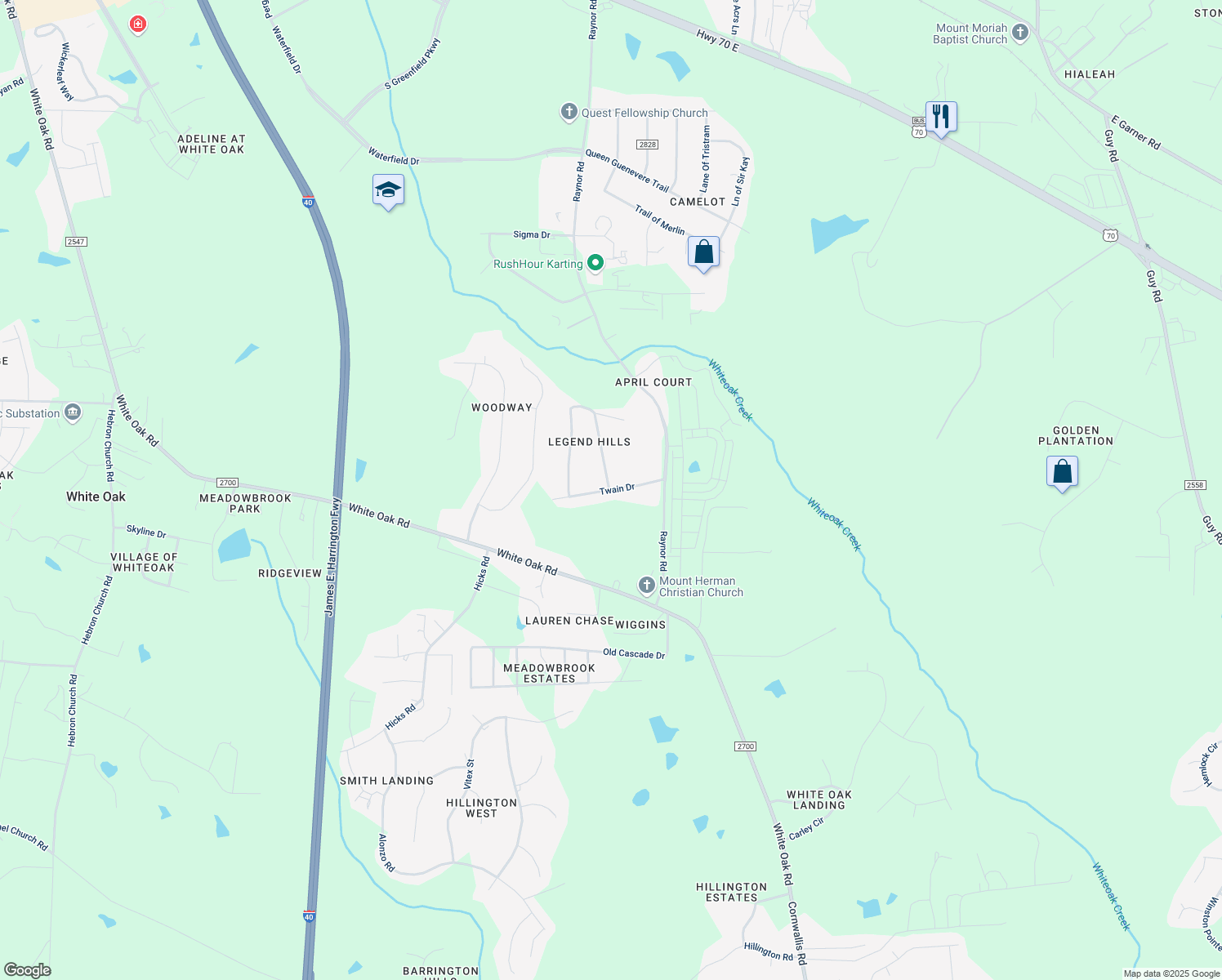 map of restaurants, bars, coffee shops, grocery stores, and more near 111 Twain Drive in Garner