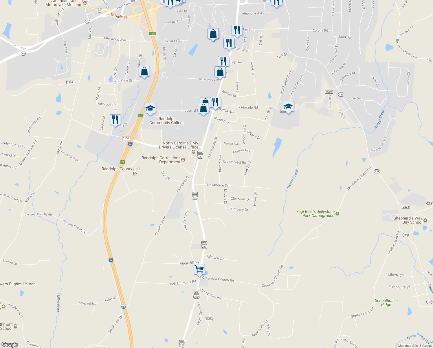 map of restaurants, bars, coffee shops, grocery stores, and more near 956 Howard Avenue in Asheboro