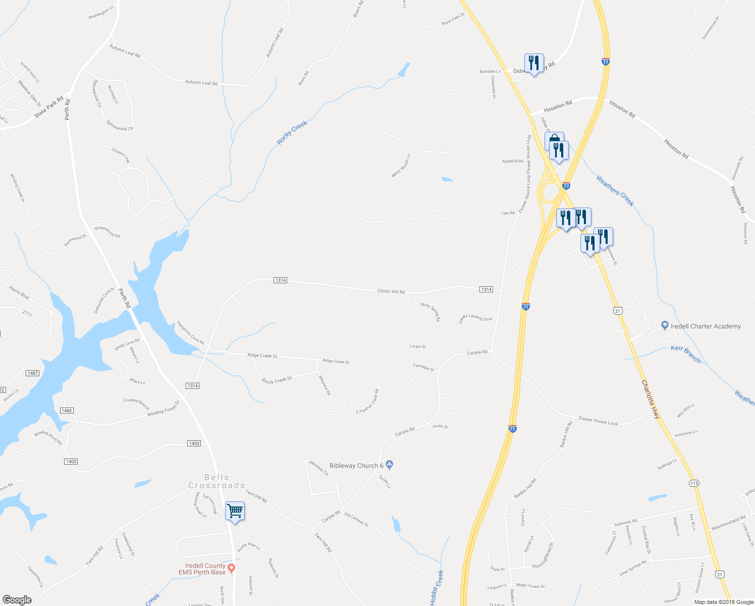 map of restaurants, bars, coffee shops, grocery stores, and more near 245 Clontz Hill Road in Troutman