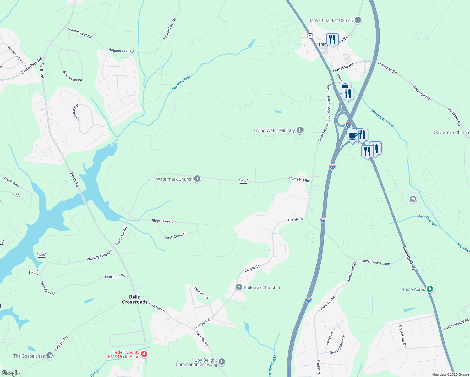 map of restaurants, bars, coffee shops, grocery stores, and more near 245 Clontz Hill Road in Troutman