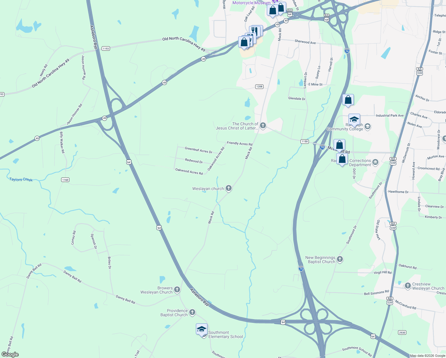 map of restaurants, bars, coffee shops, grocery stores, and more near 1144 Mack Road in Asheboro
