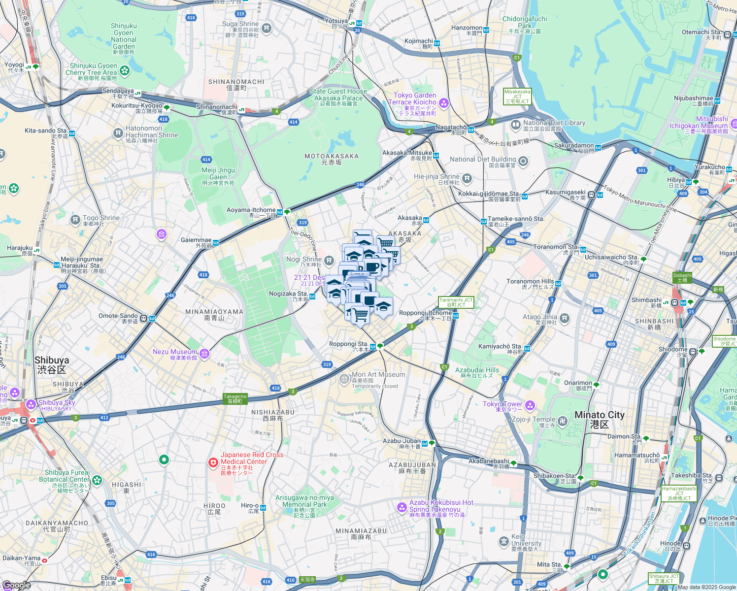 map of restaurants, bars, coffee shops, grocery stores, and more near in Minato City