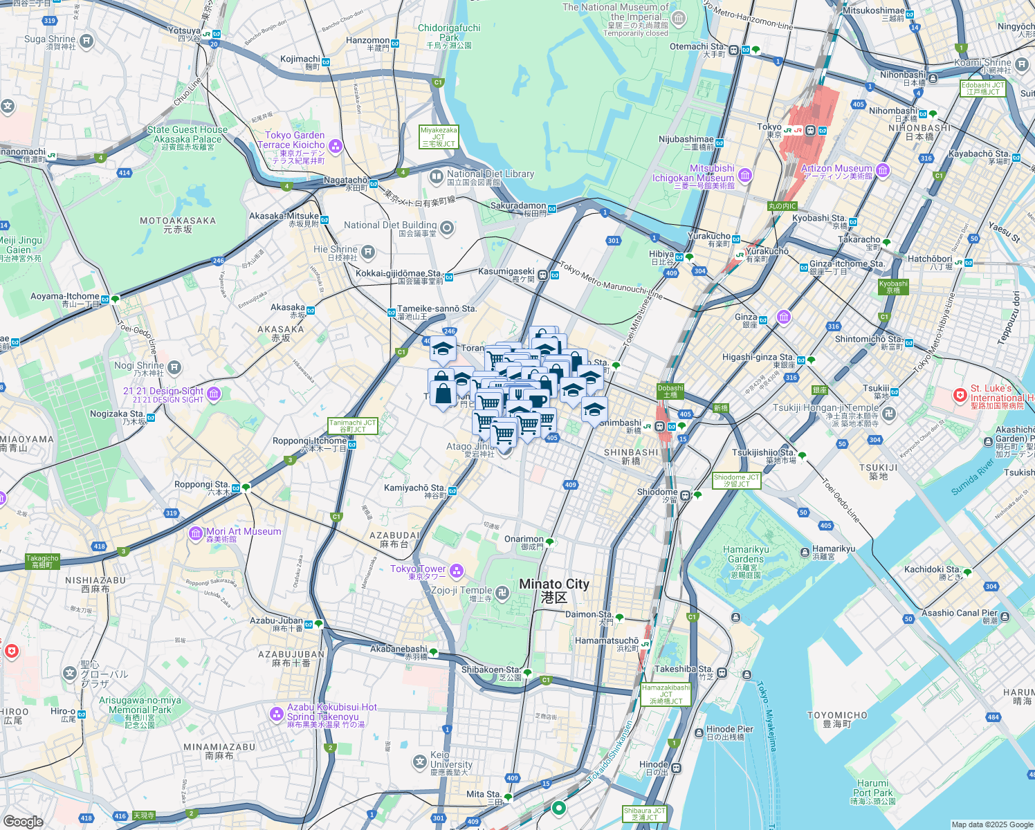 map of restaurants, bars, coffee shops, grocery stores, and more near in Minato City